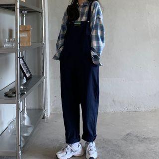 Long-sleeve Plaid Shirt / Straight-leg Denim Dungaree Pants