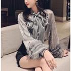 Ribbon-neckline Faux-pearl Chiffon Shirt