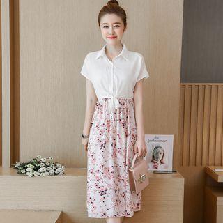 Short-sleeve Floral Print Mock Two-piece Chiffon Dress