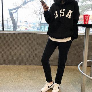 Set: Lettering Brushed-fleece Lined Hoodie + Sweatpants