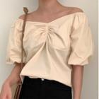 Ruched V-neck Puff-sleeve Blouse Milk Almond - One Size