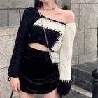 Two-tone Cropped Sweater / Mini A-line Skirt