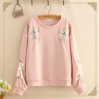 Floral Embroidered Lace-up Sleeve Sweater