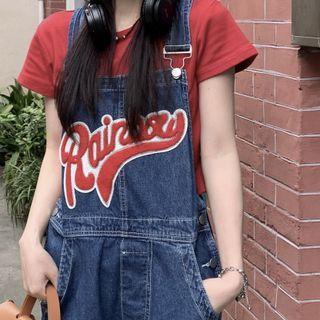 Letter Embroidered Denim Jumper Pants Blue - One Size