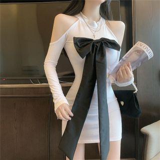 Cold-shoulder Bow Accent Mini Sheath Dress