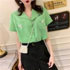 Short-sleeve Embroidered Shirt Top - Green - One Size