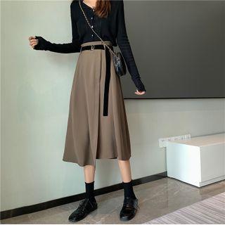 Set: Asymmetrical Midi A-line Skirt + Belt