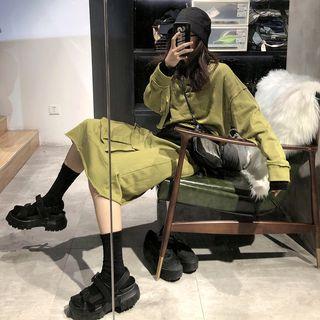 Plain Oversize Cropped Pullover / Elastic-waist Skirt / Set