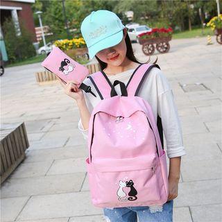 Set: Cat Print Canvas Backpack + Pouch