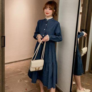 Lace Trim Long-sleeve A-line Denim Dress