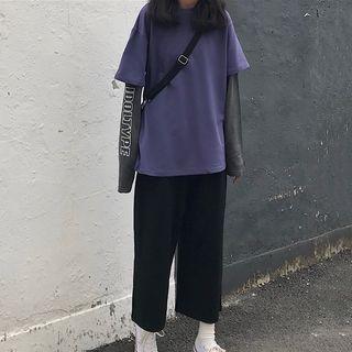 Mock Two-piece Lettering Long-sleeve T-shirt / Cropped Wide-leg Pants