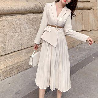 Set: Mock Two-piece Midi Blazer Dress + Belt