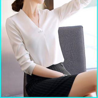 Plain / Pinstriped Pencil Skirt / Dress Pants / V-neck Blouse / Set