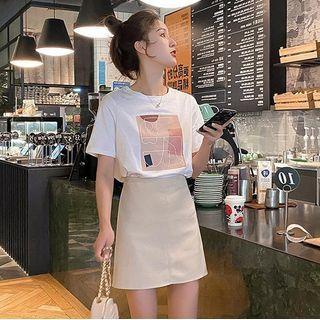 Set: Short Sleeve Printed T-shirt + Mini A-line Skirt