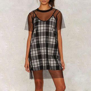 Set: Plaid Slipdress + Short Sleeve Mesh Dress