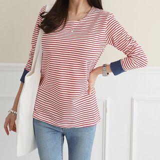 Denim-cuff Slim-fit Long-sleeve Stripe T-shirt