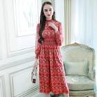 Gathered-waist Long-sleeved Floral Print Stand Collar A-line Dress