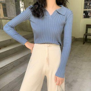 Long-sleeve Collar Knit Top / Wide-leg Pants