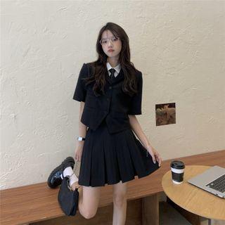 Short-sleeve Blazer / Tie Neck Shirt / Mini A-line Skirt