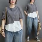 Mock Two-piece Short-sleeve Blouse Gray - One Size