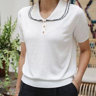 Stitched Layered-collar Knit Polo Shirt