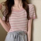 Short-sleeve Round Neck Striped Loose Fit Knit Top