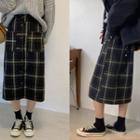 Band-waist Button-front Plaid Skirt