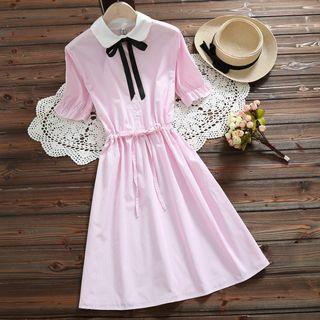 Short-sleeve Ribbon-accent A-line Midi Dress