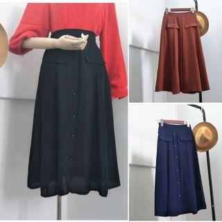 Single-breasted Plain Chiffon Midi Skirt