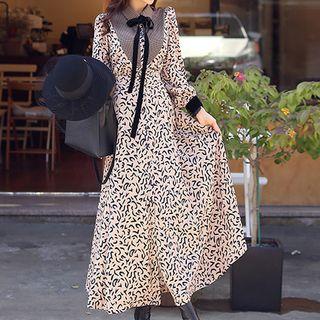 Bow Neck Patterned Long-sleeve Midi Dress