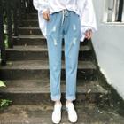 Drawstring Ripped Straight-cut Jeans
