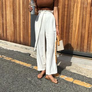 Pintuck-trim Linen Blend Pants With Sash