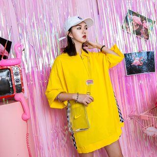 3/4-sleeve Plaid Panel Collared Top