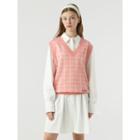 V-neck Embroidered Checked Knit Vest Pink - One Size