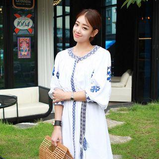 Button-down Embroidered Dress With Sash White - One Size