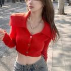 Collared Button-up Knit Crop Top Red - One Size