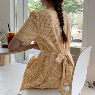 Accordion-pleat Maxi Plaid Dress Yellow - One Size