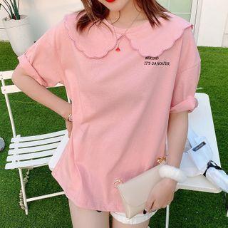 Elbow-sleeve Lettering Embroidered Wide Collar T-shirt