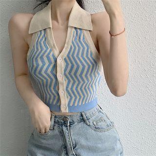 Sleeveless Patterned Knit Top Almond & Blue - One Size