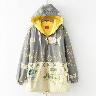 Fish Print Hooded Jacket Fleece Lining - Yellow - One Size