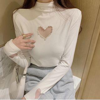 Beaded Sweetheart Cutout Mock Neck Top