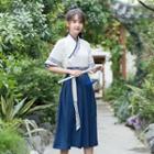 Short-sleeve Embroidered Hanfu Top / Midi A-line Skirt / Belt / Headpiece / Set