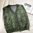 Color-block Argyle V-neck Single-breasted Knit Vest Green - One Size