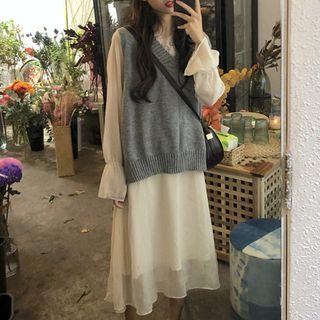 V-neck Knit Vest / Lace Trim Long-sleeve Midi A-line Dress