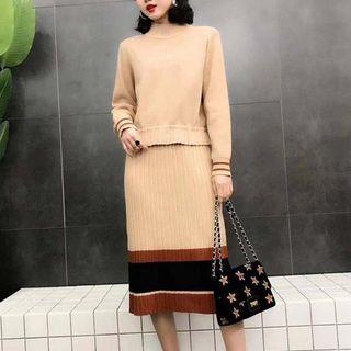 Set: Mock-neck Sweater + Color Block Knit Midi Skirt