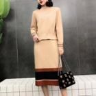 Set: Mock-neck Sweater + Color Block Knit Midi Skirt