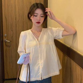 Short-sleeve V-neck Button-up Blouse White - One Size