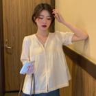 Short-sleeve V-neck Button-up Blouse White - One Size