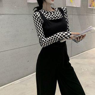 Checkerboard Pattern T-shirt / Wide-leg Jumper Pants