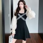 Bell-sleeve Contrast Color Bow A-line Dress